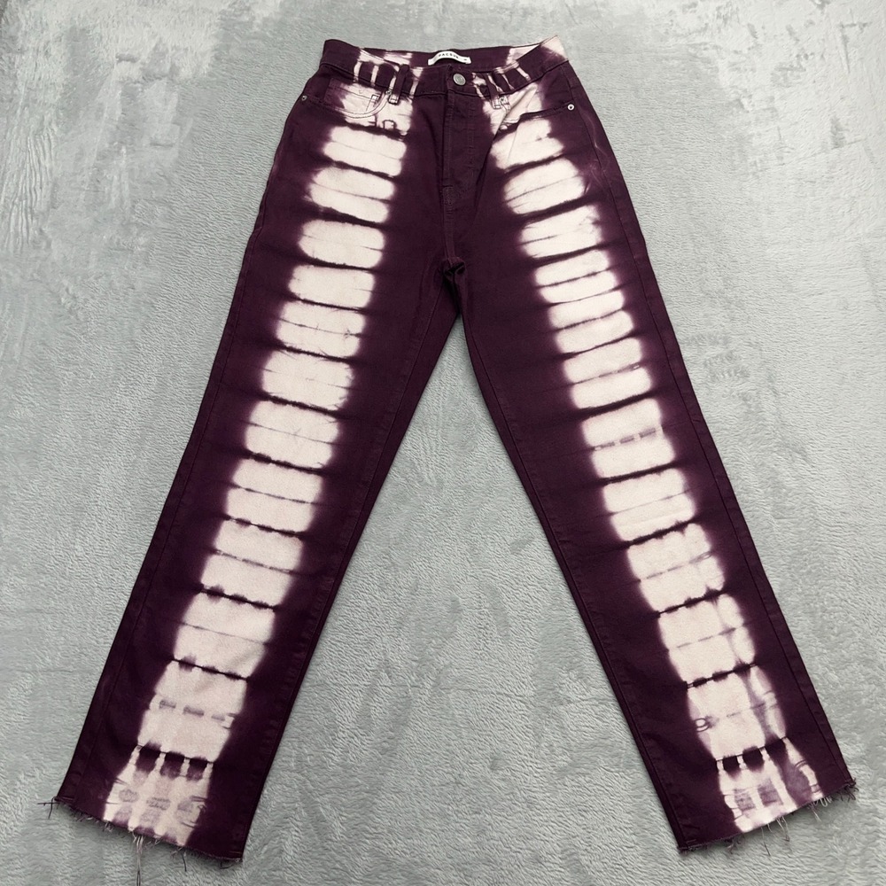 Pacsun High Rise Straight Leg‎ Jeans Womens Sz 25 Tie Dye Burgundy White Raw Hem